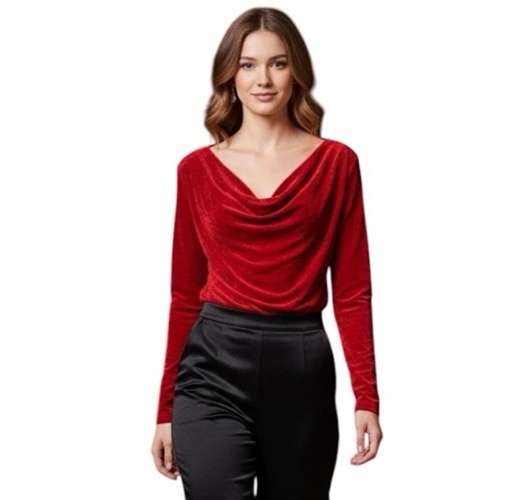Chicos Travelers Red Textured Long Sleeve Cowl Neck Top Size 1 Stretch Slinky